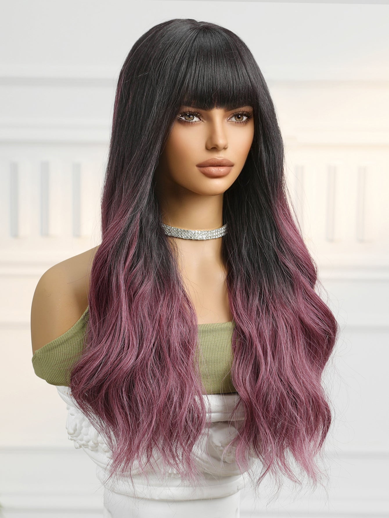 Synthetic Dark Brown to Purple with Bangs Long Wavy 24
