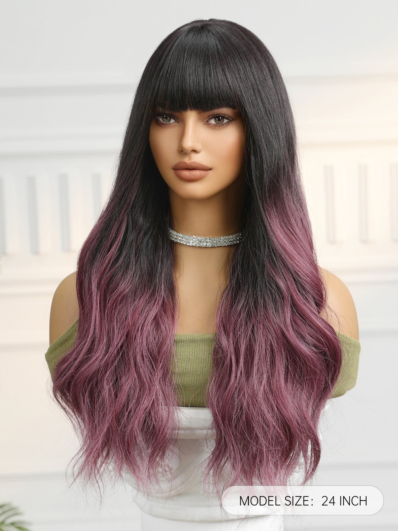 Synthetic Dark Brown to Purple with Bangs Long Wavy 24