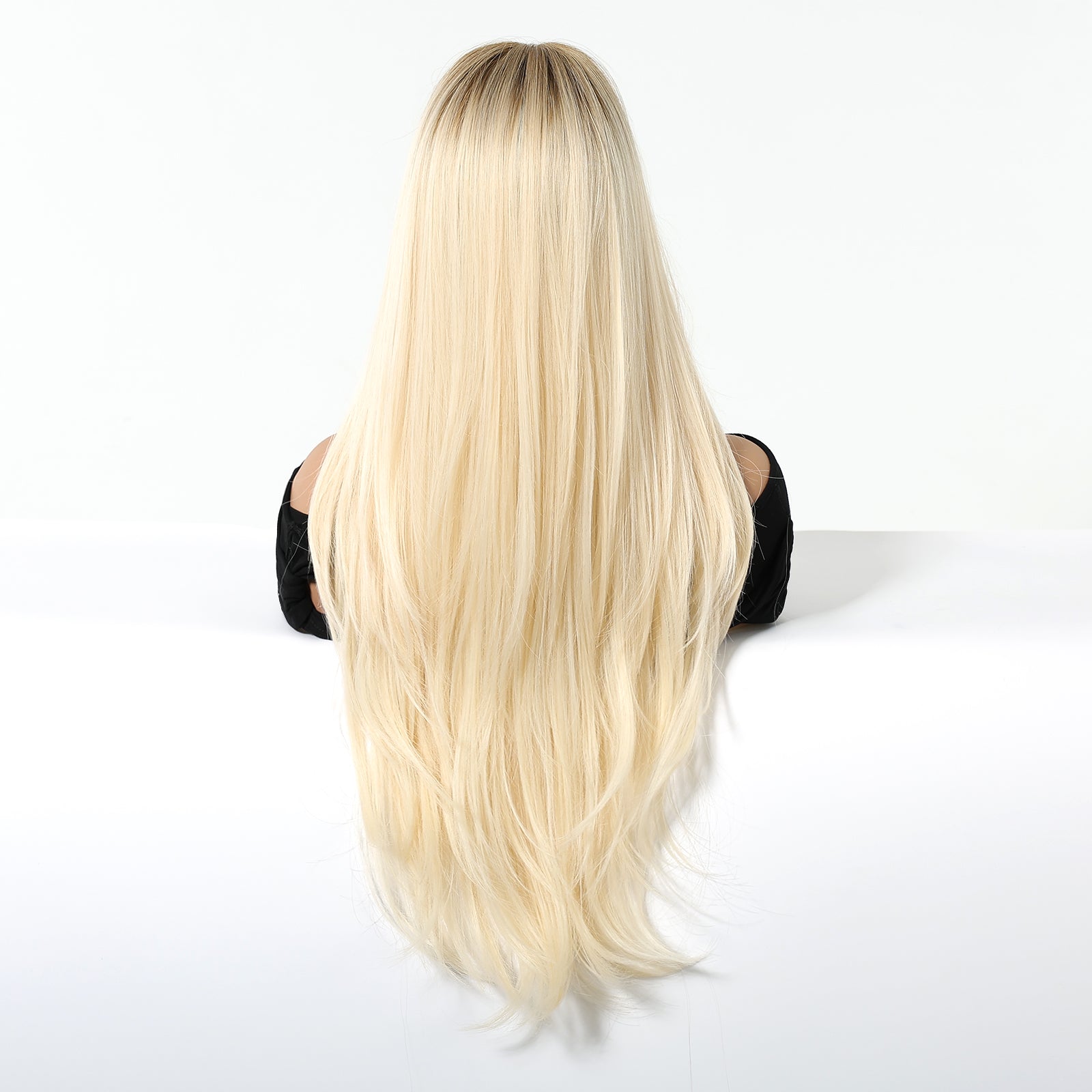 Synthetic Platinum Blonde with Dark Roots with Bangs Extra Long Straight  26