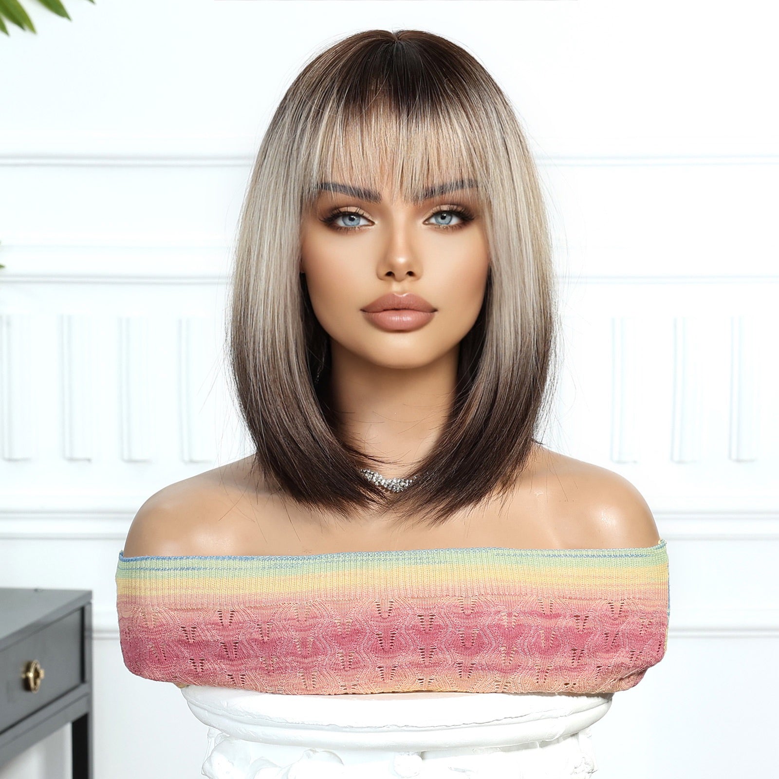 Synthetic Dark Brown Roots to Ash Blonde with Bangs Medium Bob 12