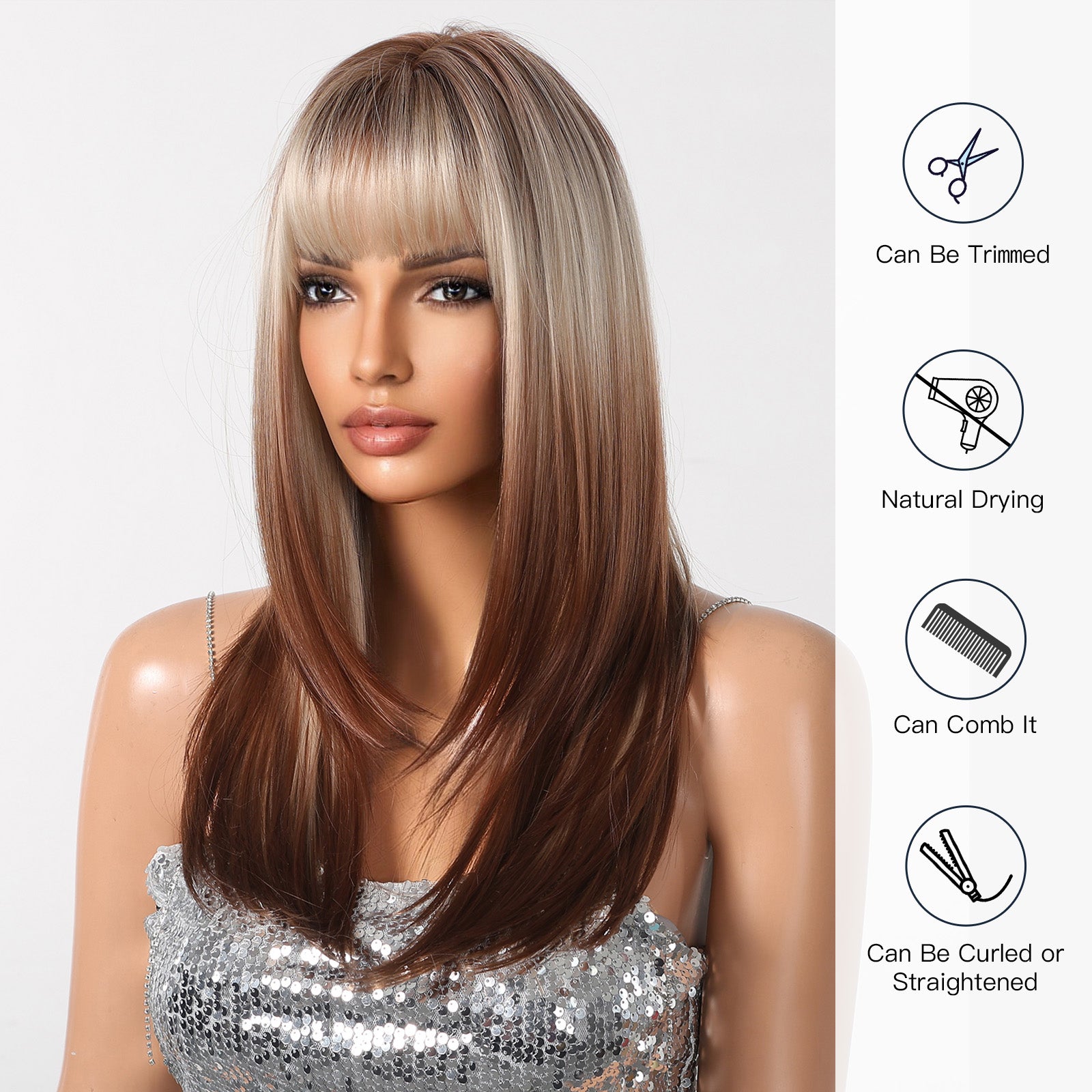 Synthetic Blonde to Brown with Bangs Long Straight 24