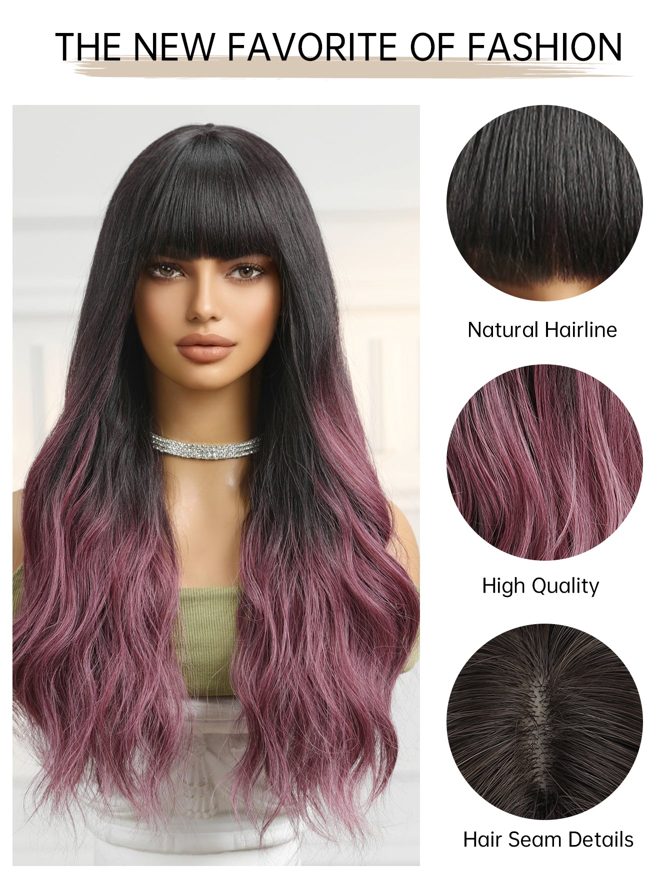 Synthetic Dark Brown to Purple with Bangs Long Wavy 24