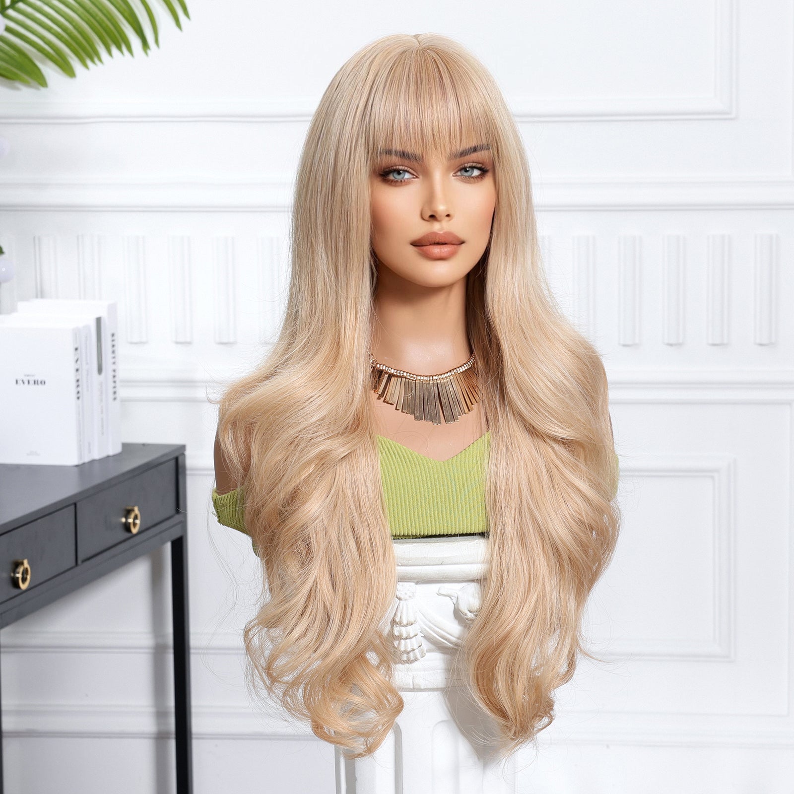 Synthetic Light Blonde with Bangs Extra Long Curly 26