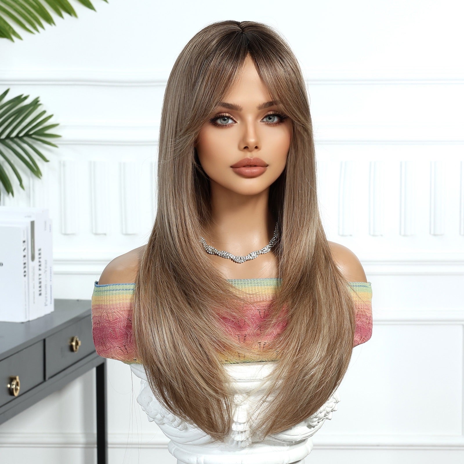 Synthetic Dark Drown Ends to Sandy Brown with Fringe Long Straight 24