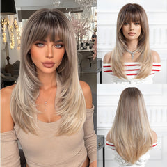 Synthetic Light Brown to Blonde with Bangs Long Curly 22